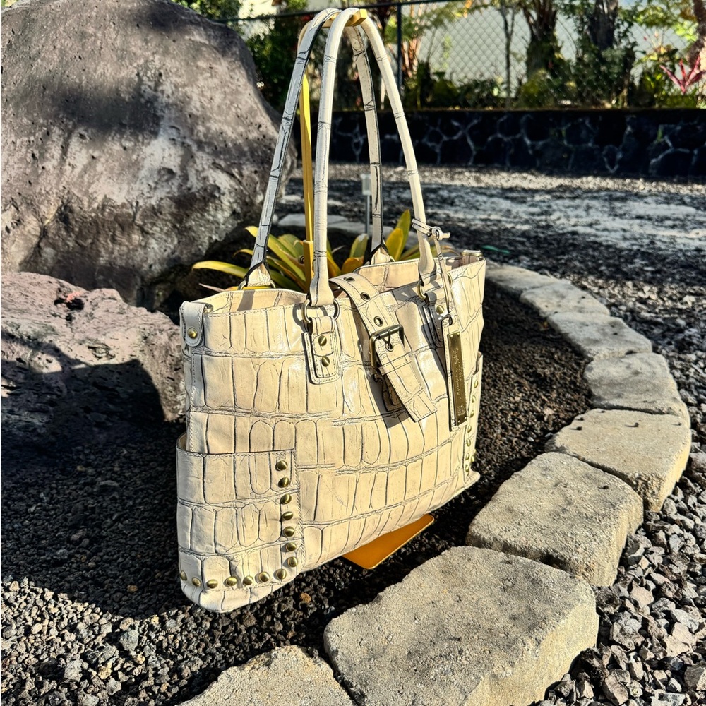 Sharif Studio Cream Croc Embossed Studded Tote Bag - Picture 3 of 15